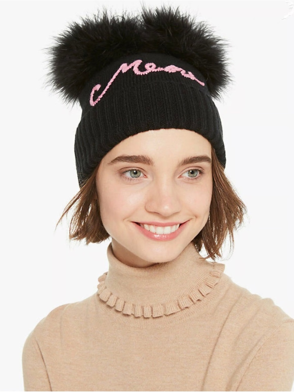 Kate Spade New York Meow marabou pom-pom beanie